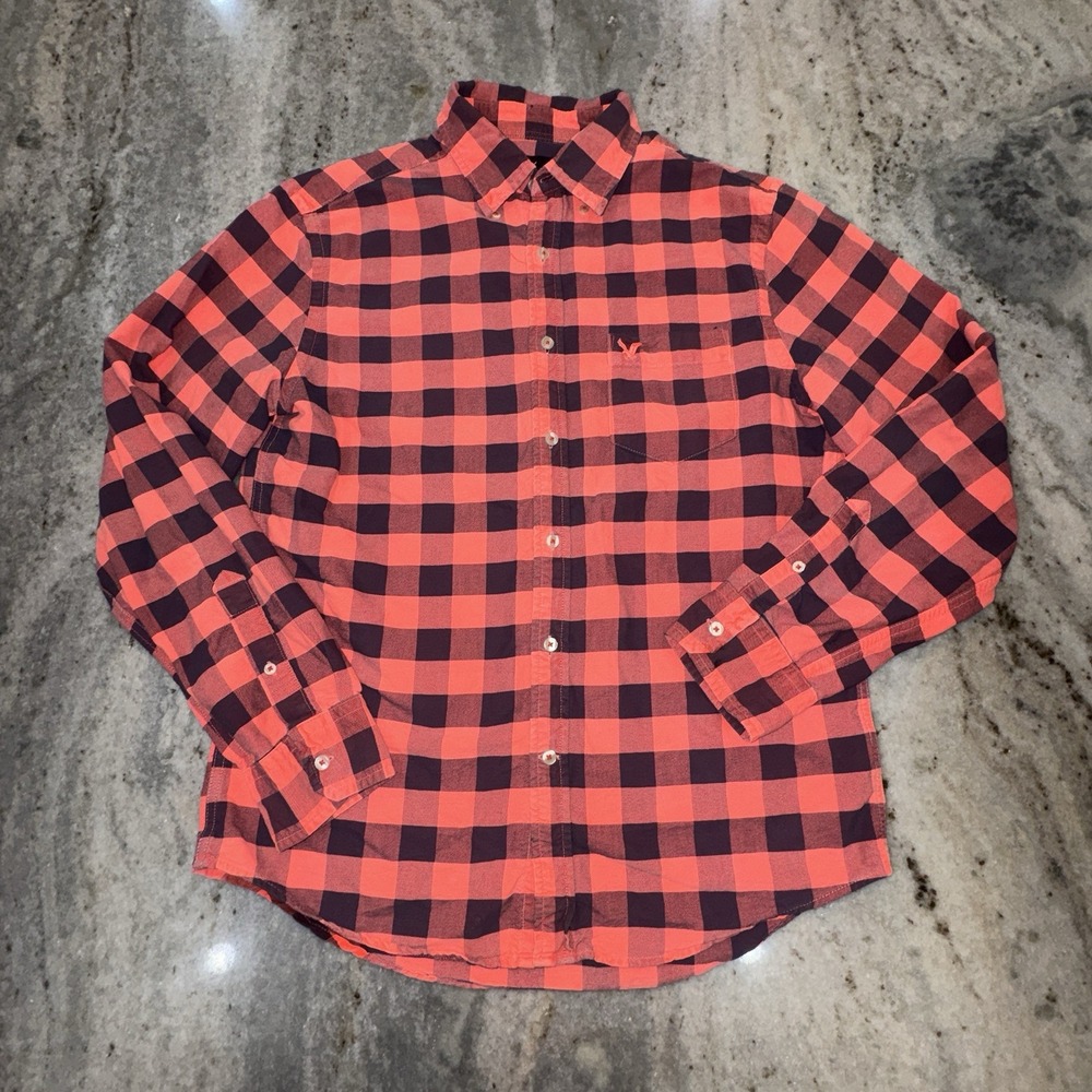 American Eagle Neon Red Pink Checkered Long Sleeve Shirt Men's Sz M Skater Y2K